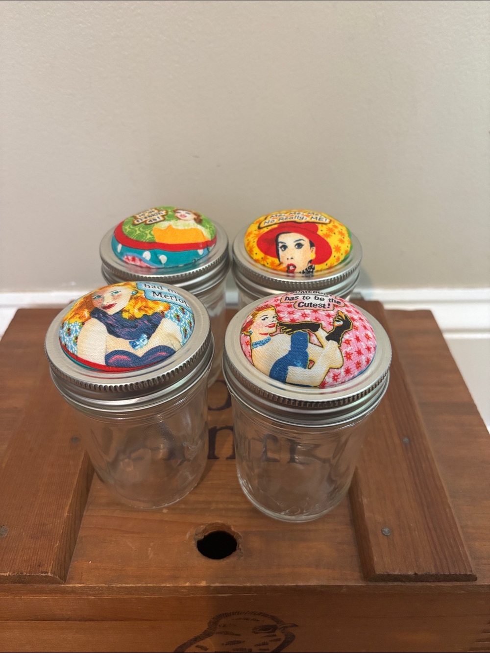 Lot of 4 Retro Pinup Girl 4" Mason Jar Pin Cushions Sewing Bathroom Storage Kits